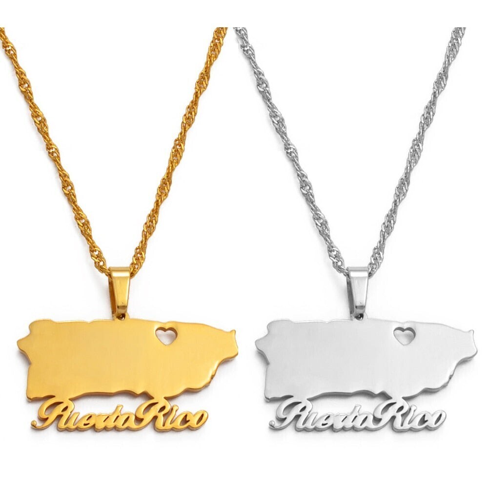 Heart Puerto Rico Map Pendant Necklaces Gold